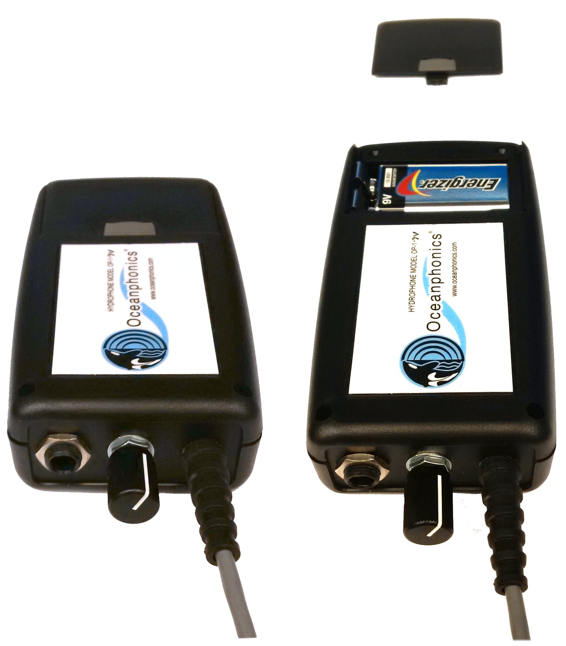 Model OP-1 hydrophone with 9V battery case and volume control for headphones